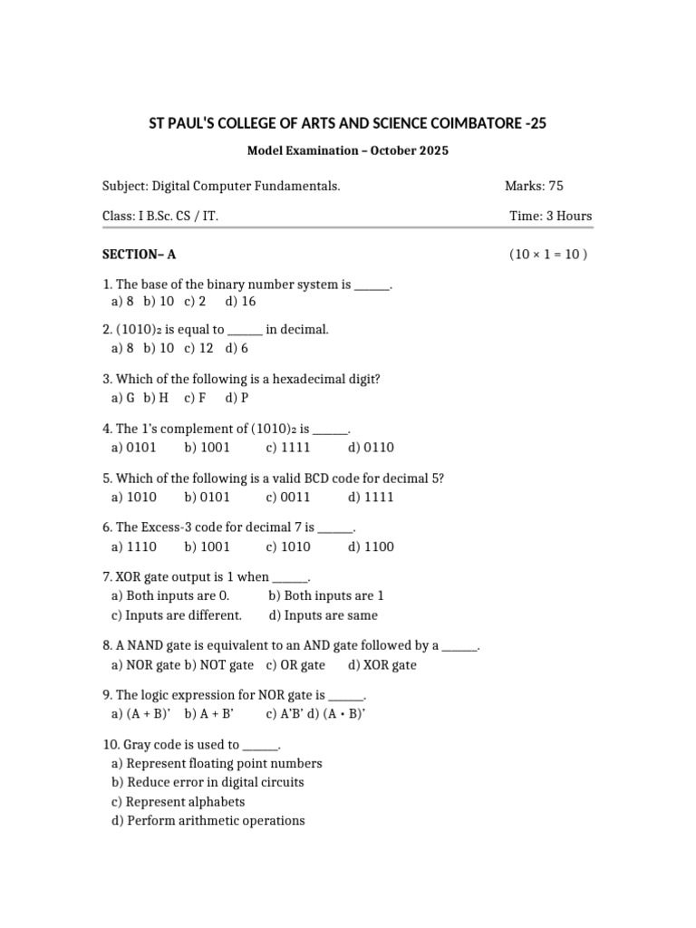 Model Exam: Digital Computer Fundamentals | PDF | Logic Gate | Arithmetic