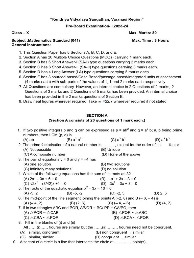 Class X Mathematics Pre-Board Exam 2023-24 | PDF | Circle ...