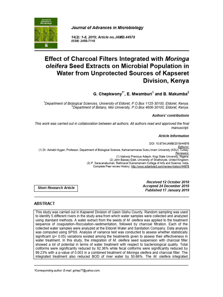 Moringa Charcoal Filters for Water Purification | PDF