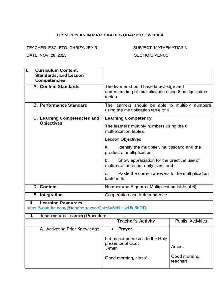 Math Lesson Plan: Multiplication by 6 | PDF | Multiplication | Cognition