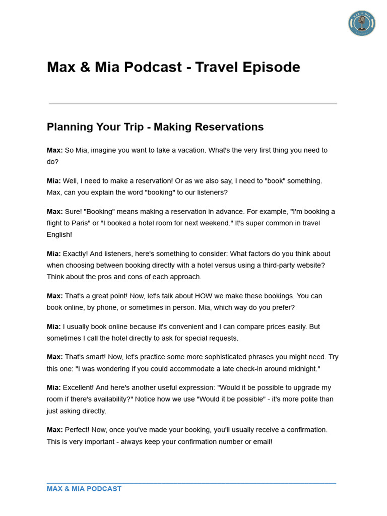 Max & Mia Podcast - Travel Episode | PDF | English Language | Human ...