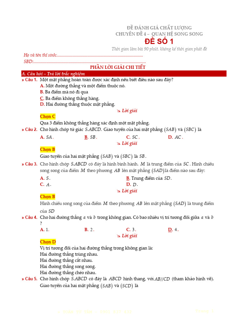 Dap an de So 1 Lop 11 Hh | PDF