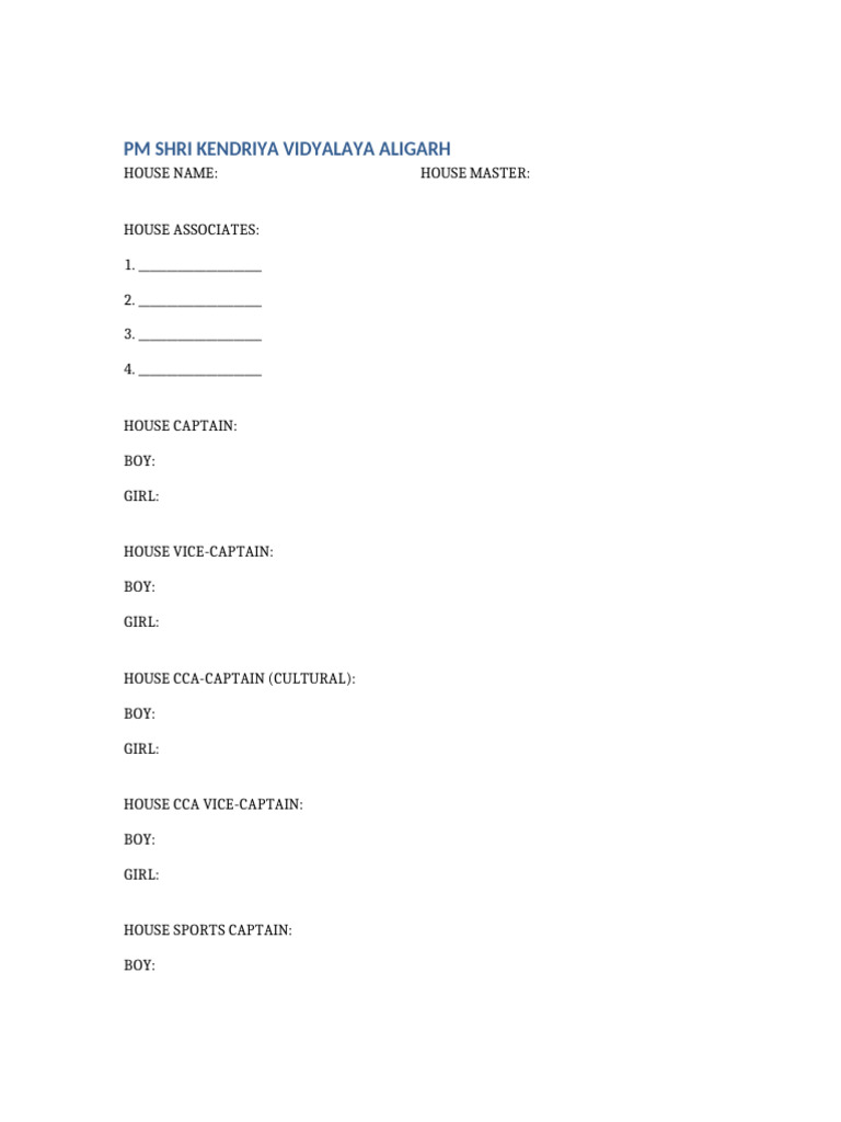 PM Shri Kendriya Vidyalaya House Roles | PDF