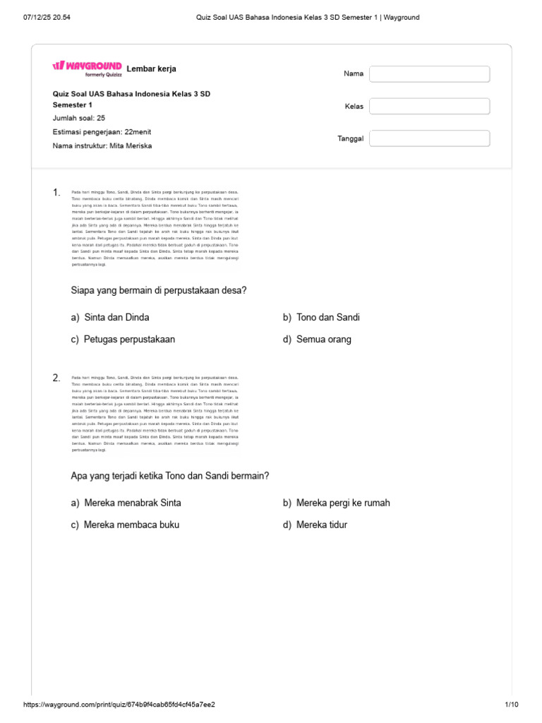 Soal UAS Bahasa Indonesia Kelas 3 SD | PDF