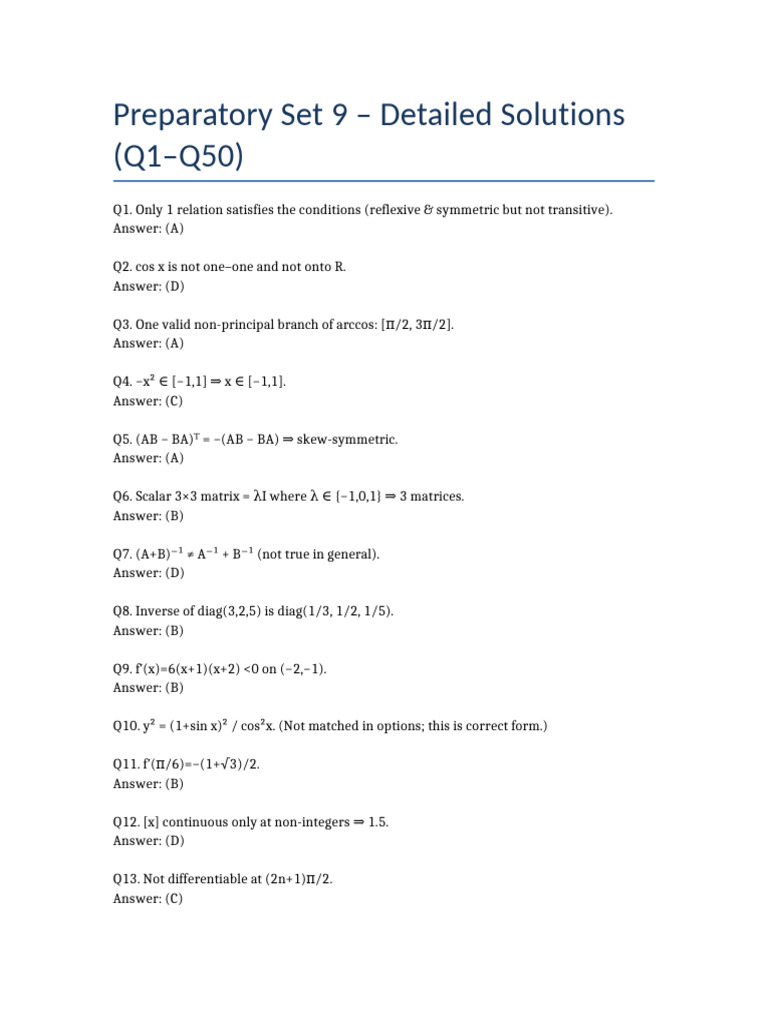 Detailed Solutions for Preparatory Set 9 | PDF