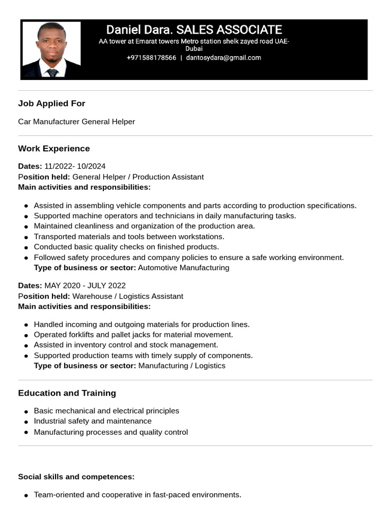 Automotive General Helper Resume | PDF