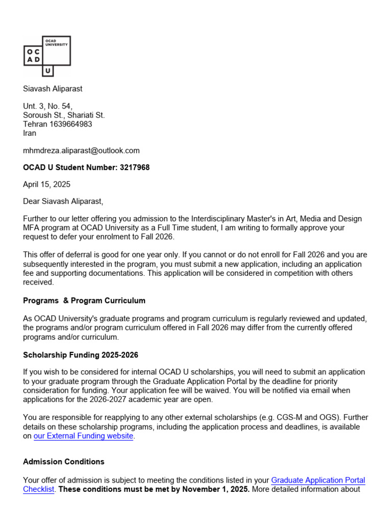 OCAD U MFA Program Admission Deferral Notice | PDF