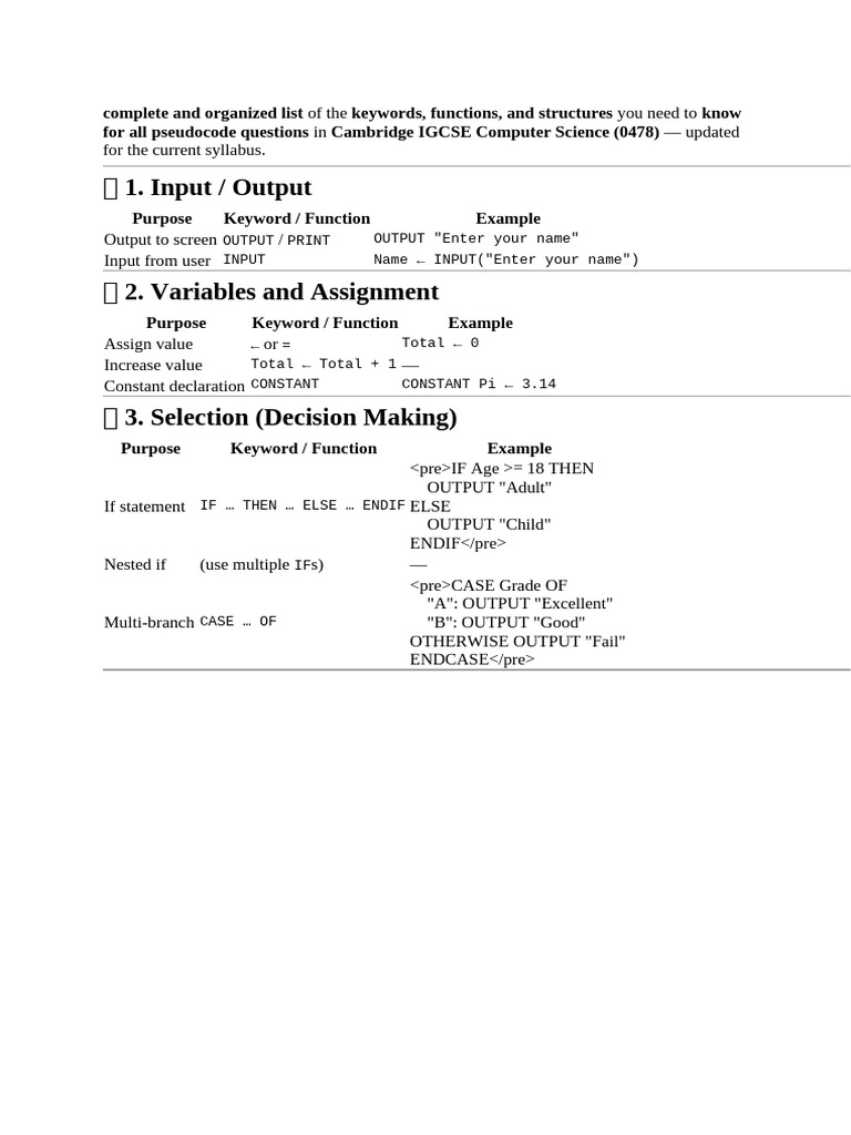 Cambridge IGCSE Pseudocode Guide | PDF | String (Computer Science ...