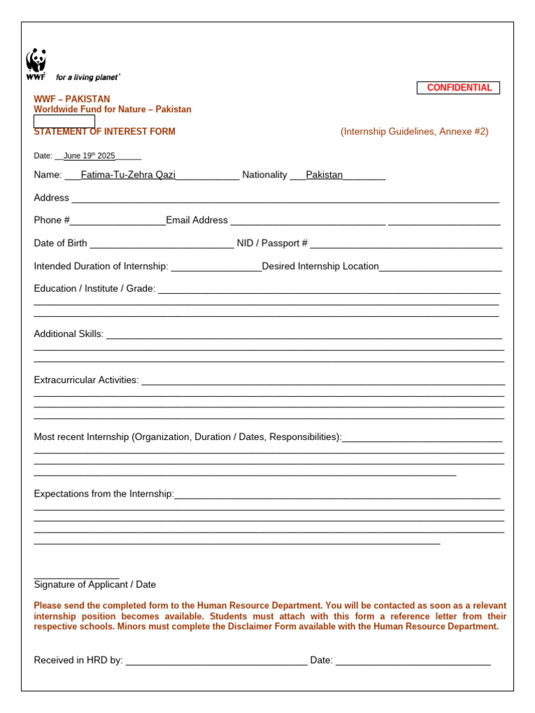 WWF Pakistan Internship Application Form | PDF