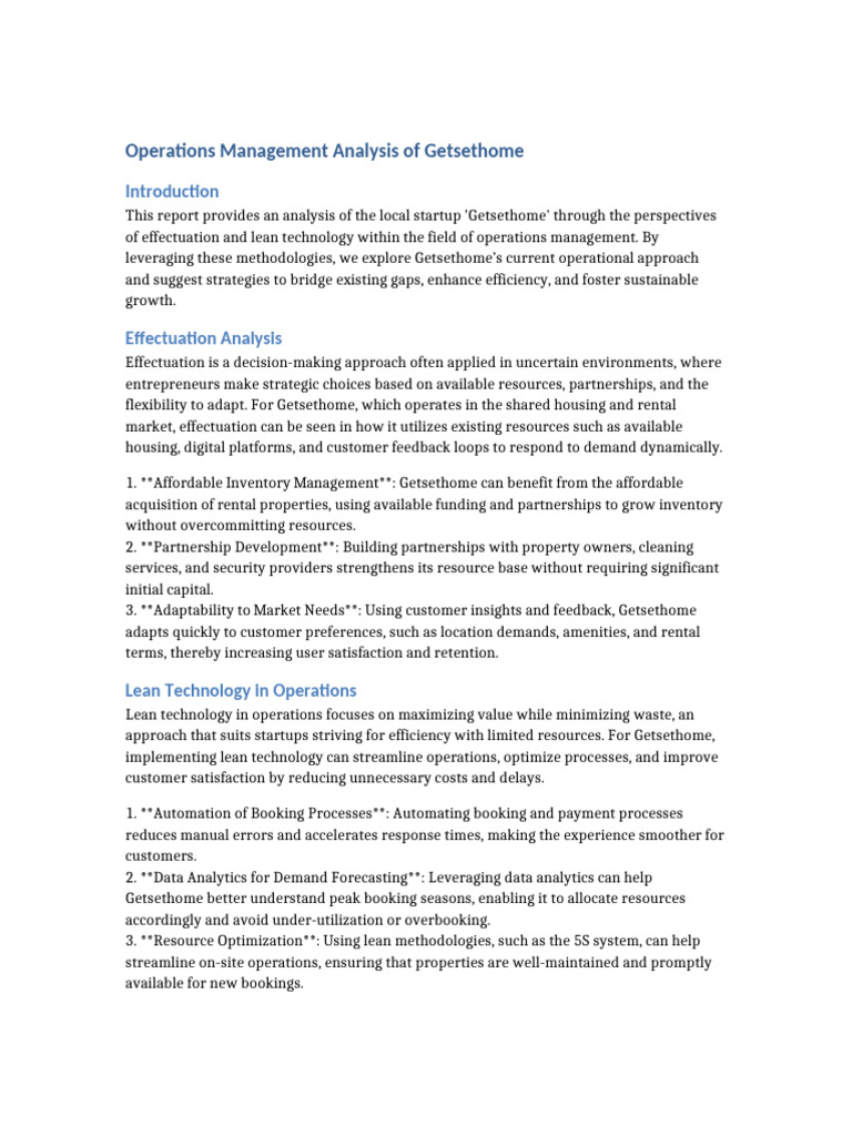 Getsethome Operations Management Analysis | PDF | Startup Company ...