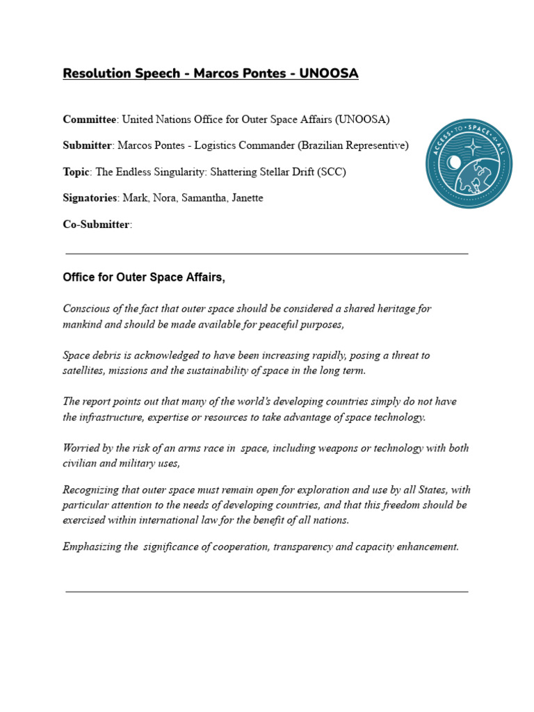 UNOOSA - Resolution - Ahmed Alnajar | PDF | Space Debris | Outer Space
