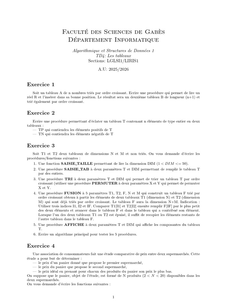 Exercices d'Algorithmique et Tableaux | PDF | Mathématiques ...