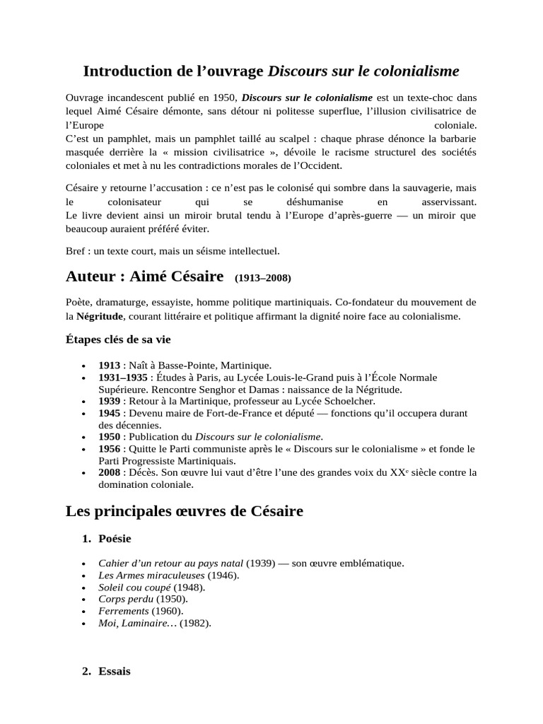 Césaire : Dénonciation du colonialisme | PDF