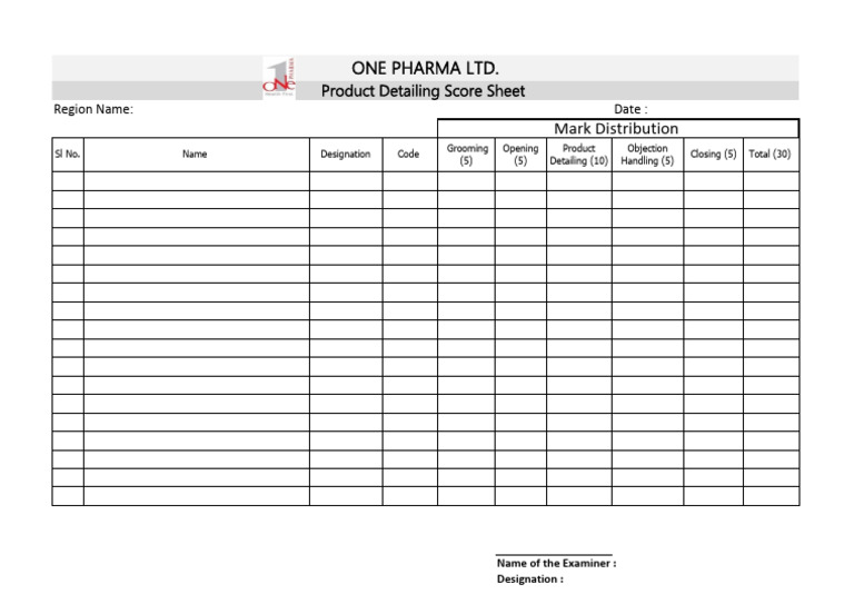One Pharma Product Detailing Score Sheet | PDF