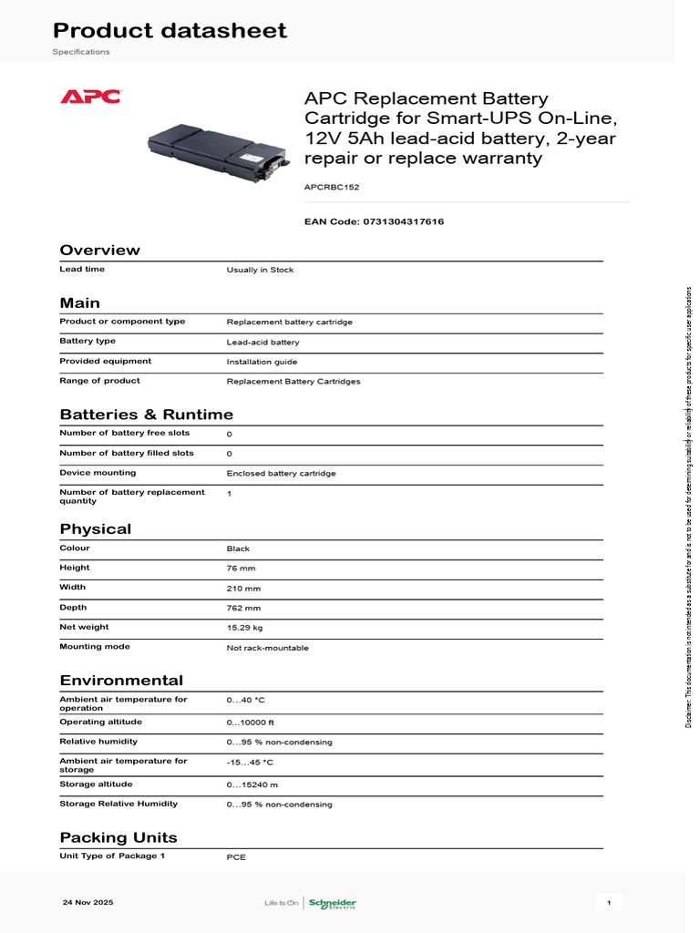 Schneider Electric APC Replacement Battery Cartridges APCRBC152 | PDF ...