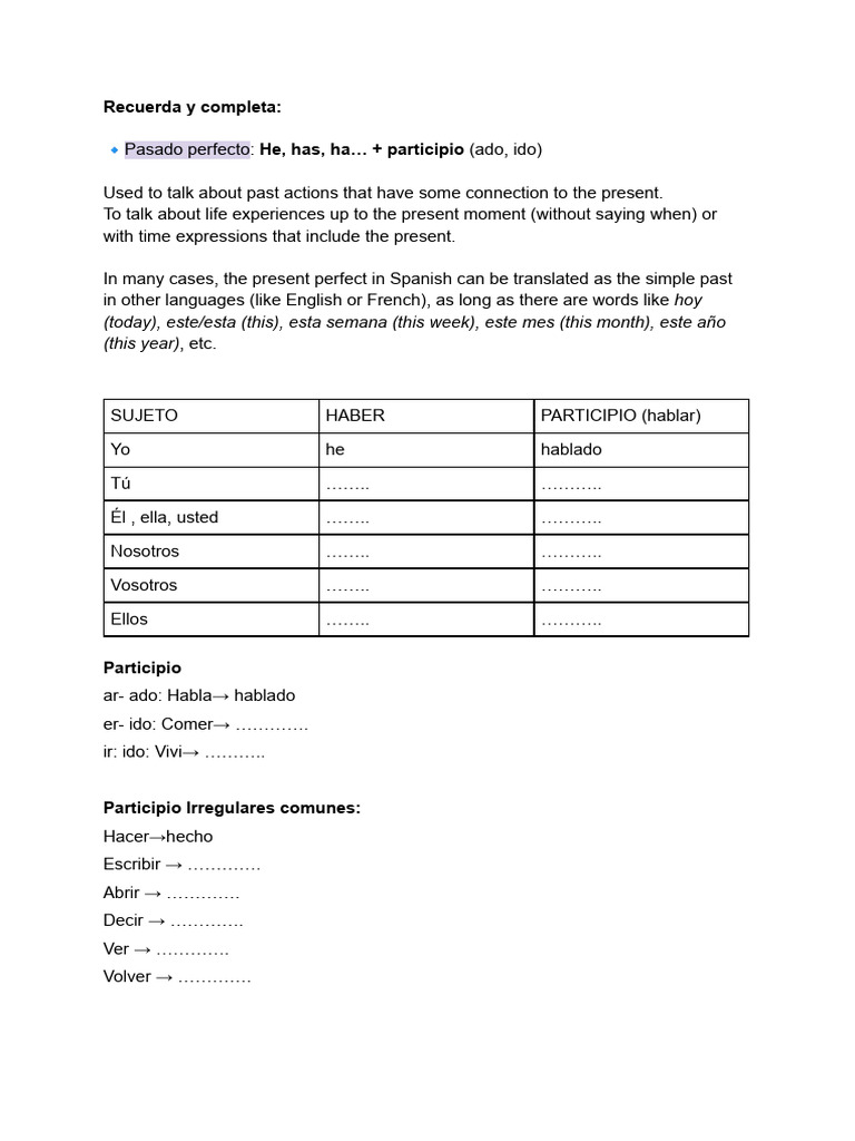 Pasado Perfecto y Presente Continuo en Español | PDF | Lingüística ...