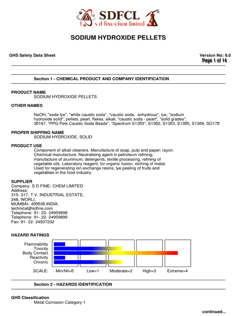 Sodium Hydroxide Pellets Safety Data Sheet | PDF | Sodium Hydroxide