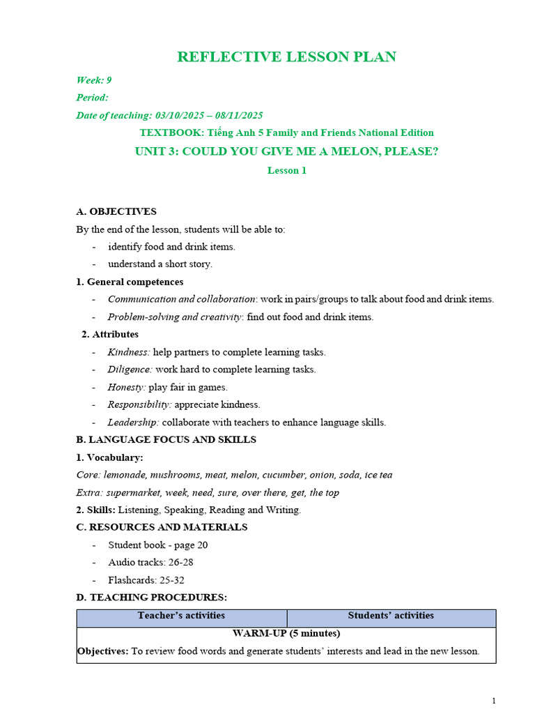 Reflective Lesson Plan: Food Vocabulary | PDF | Vocabulary | Learning
