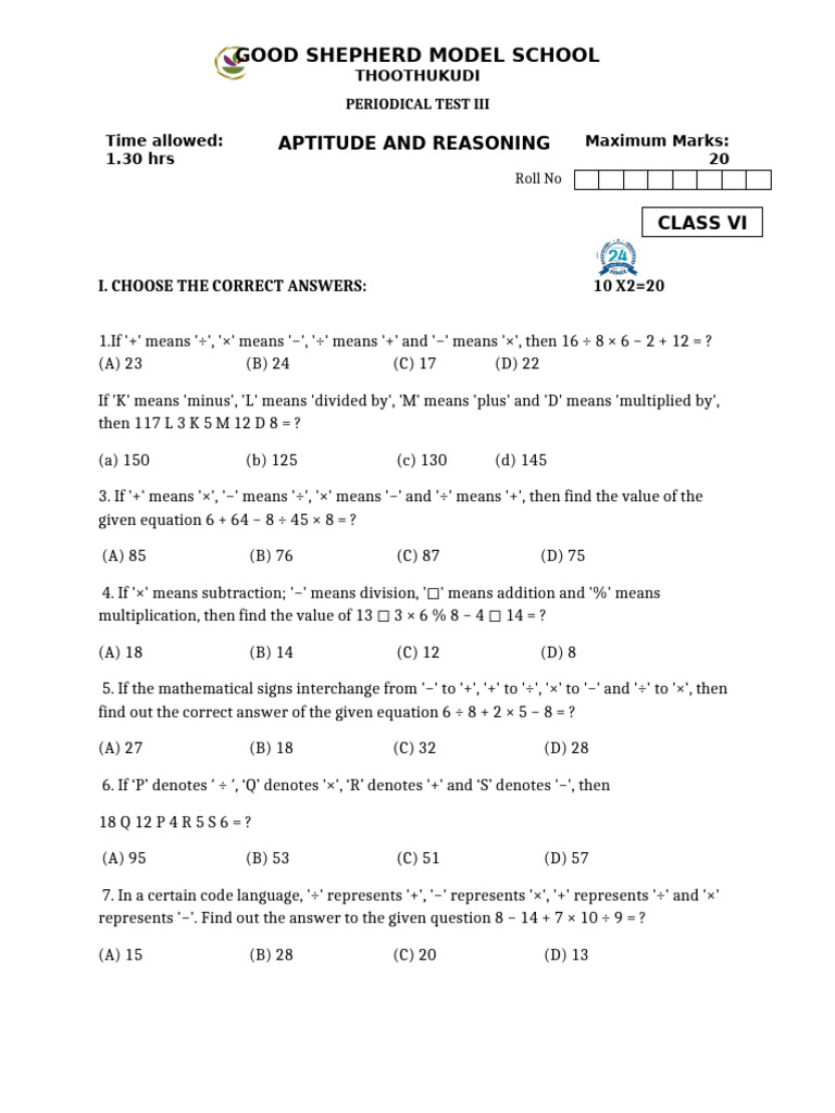 Aptitude and Reasoning Test Paper | PDF | Subtraction | Arithmetic