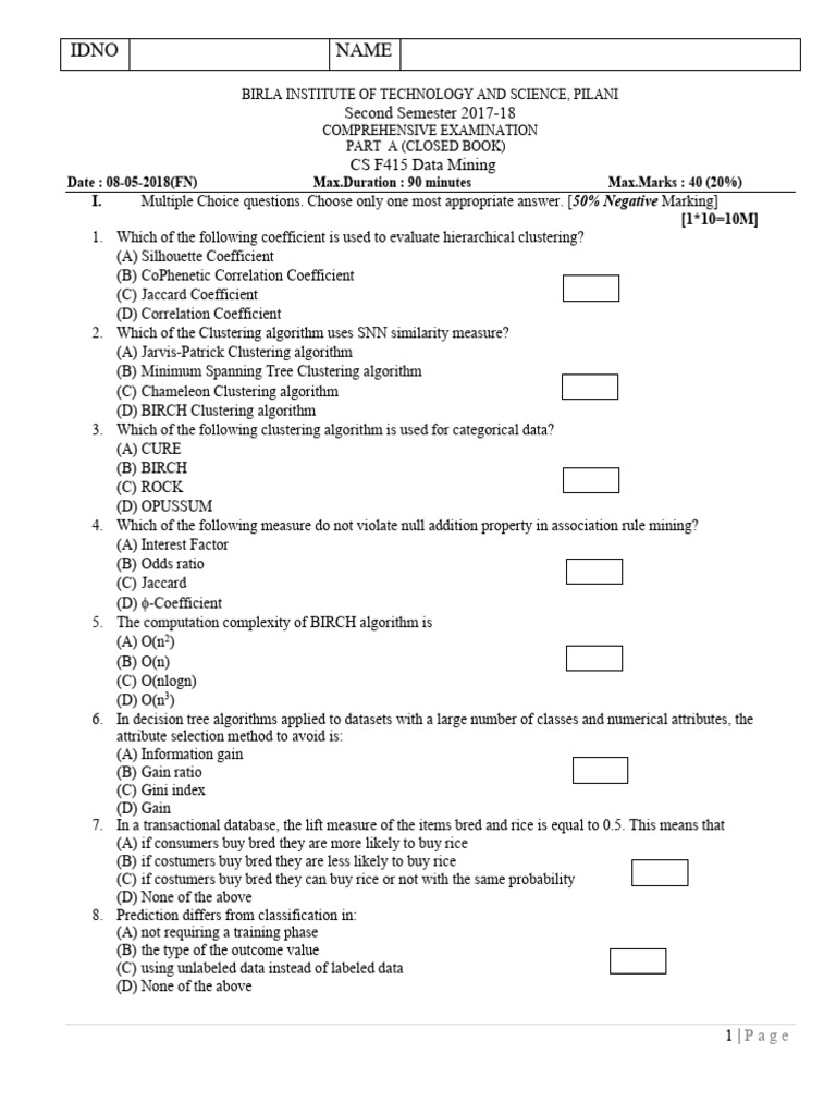 Data Mining Exam Questions and Answers | PDF | Cluster Analysis ...