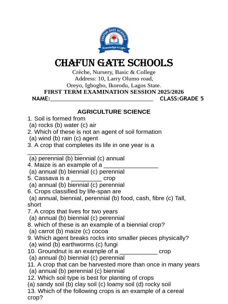 Grade 5 Agriculture Exam 2025/26 | PDF