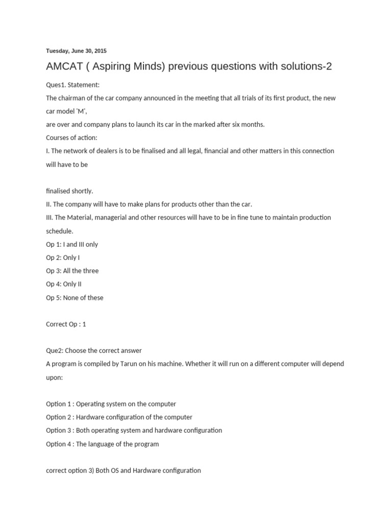Amcat Qn Paper 30th June 2015(Set 3) | PDF | Computer Hardware ...