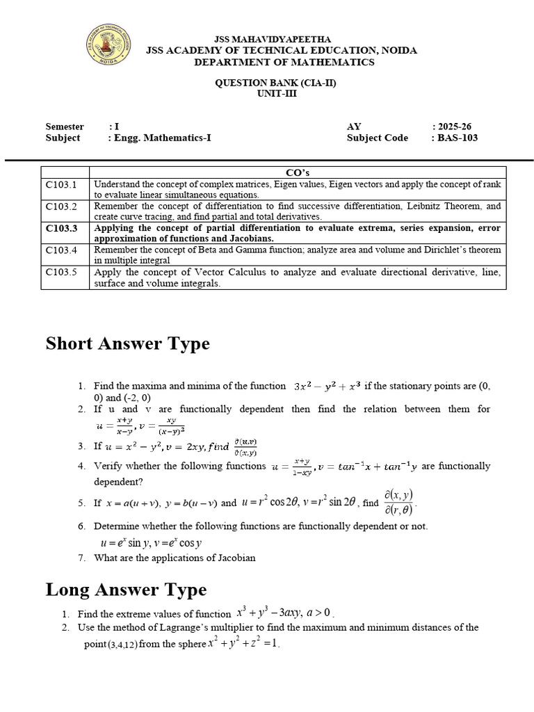 Engineering Mathematics I Question Bank | PDF | Derivative | Integral