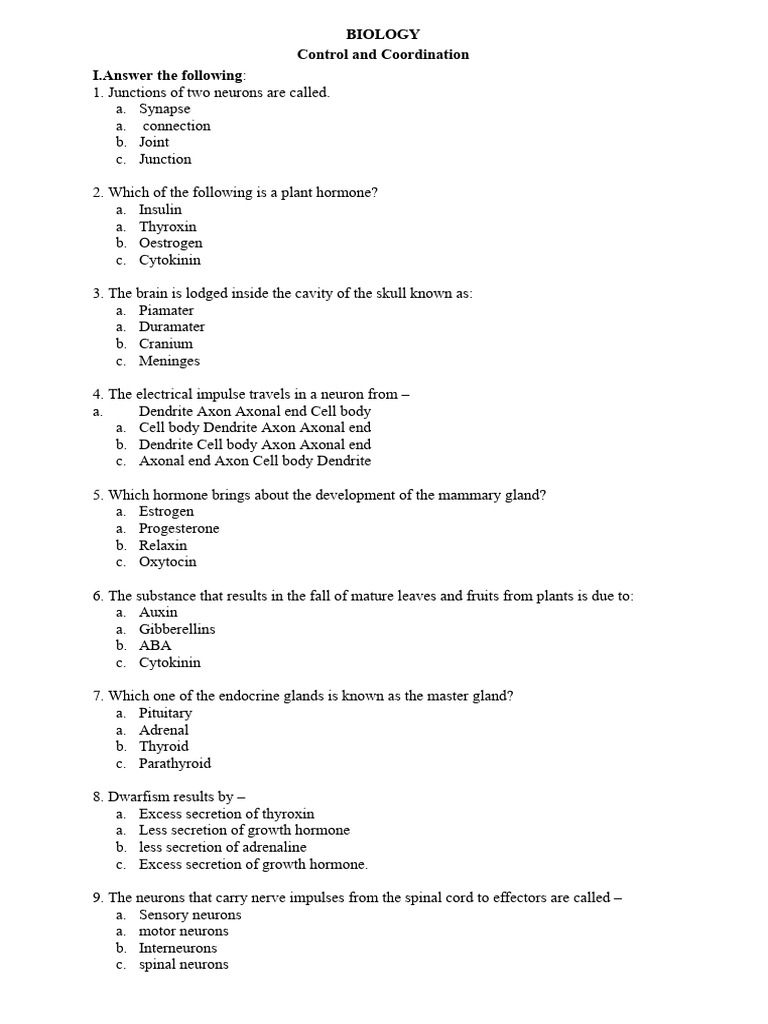 Biology Control and Coordination Quiz | PDF | Hormone | Neuron
