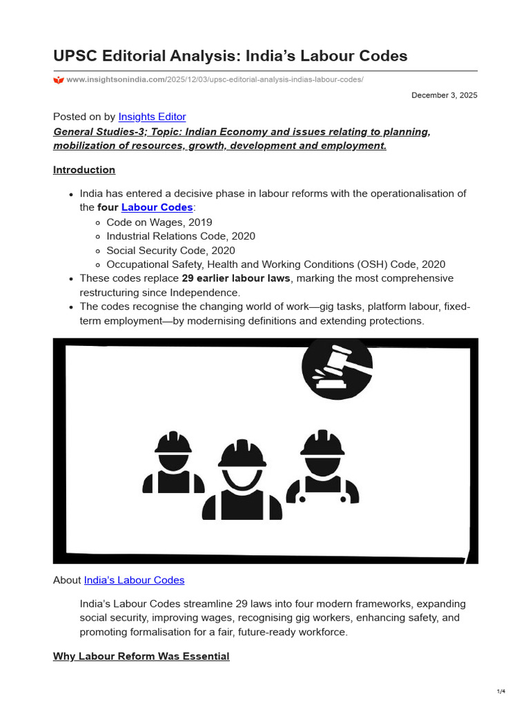 India's Labour Codes: Key Reforms Explained | PDF | Employment | Labour Law