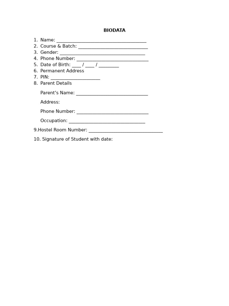 Student Biodata Form Template | PDF