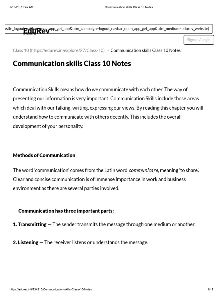 Class 10 Communication Skills Notes | PDF | Communication | Part Of Speech