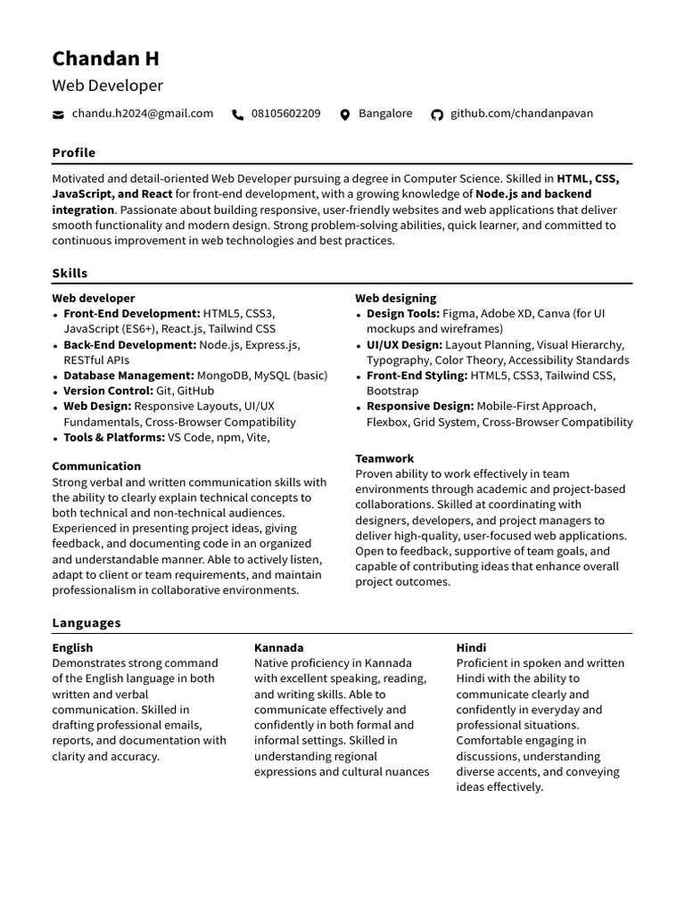 Chandan H FlowCV Resume 20251008 | PDF | Web Design | Computing