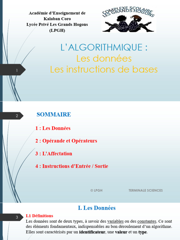 Introduction à l'Algorithmique et aux Données | PDF | Variable ...