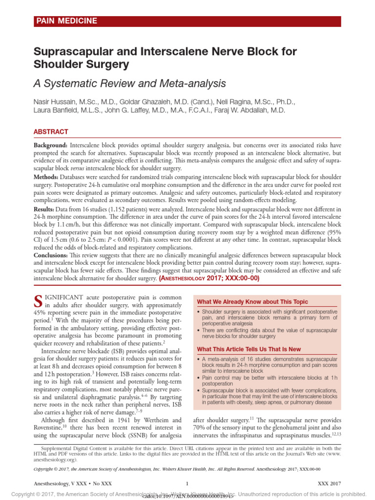 Suprascapular vs. Interscalene Blocks for Shoulder Pain | PDF ...
