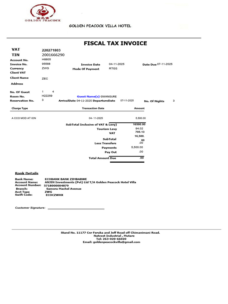 Fiscal Tax Invoice for Hotel Stay | PDF
