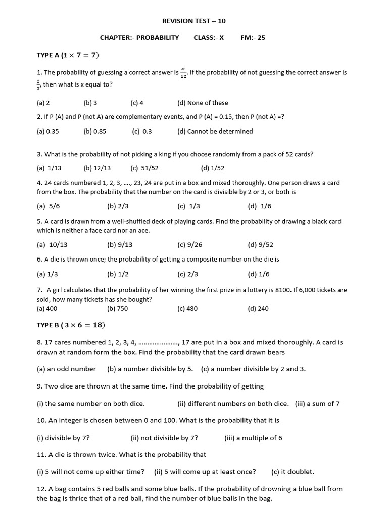 10. Revision Test Set- 10 Probability | PDF | Probability