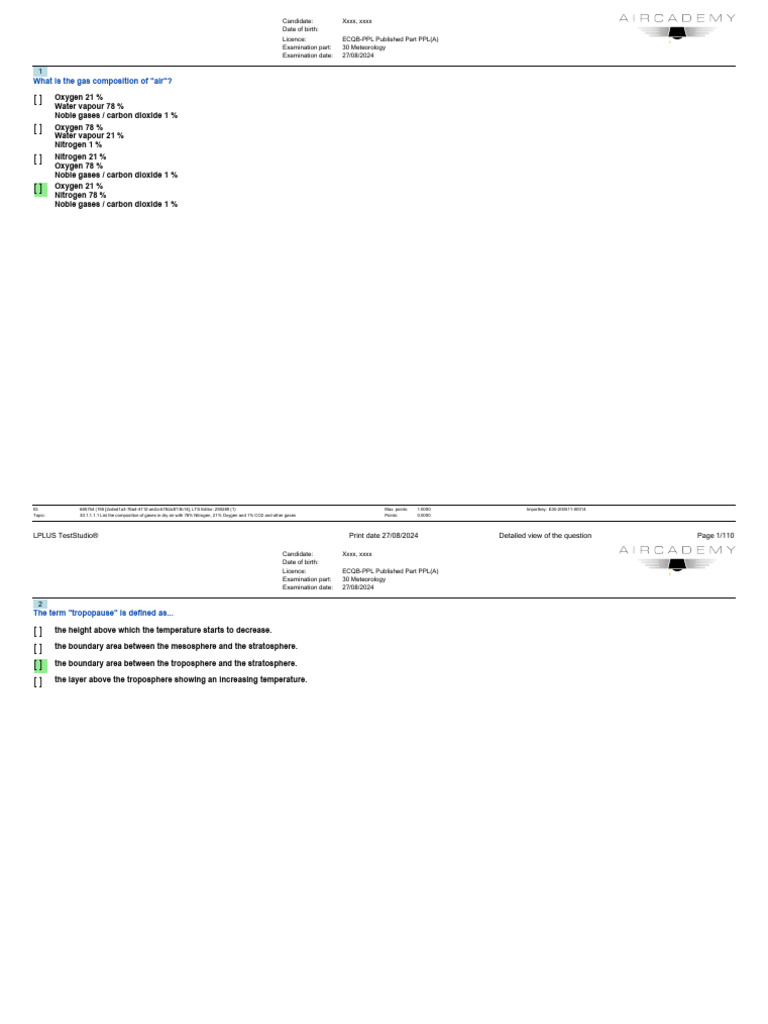 Meteorology Exam Questions for PPL(A) | PDF | Troposphere | Atmospheric ...