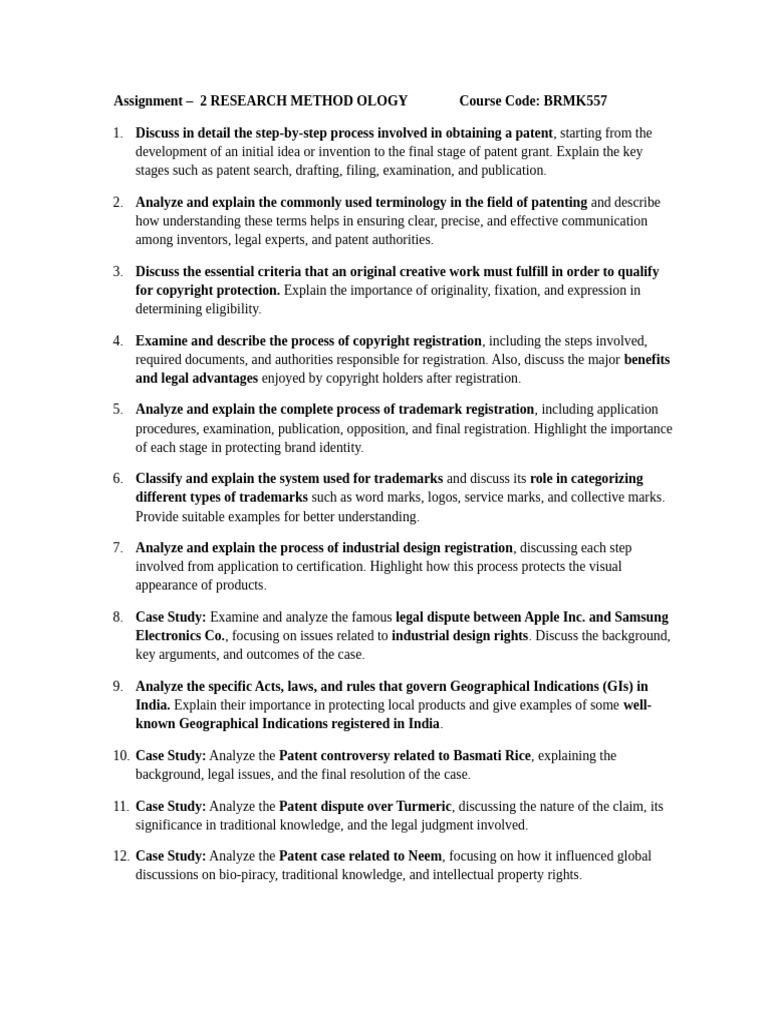 Assignment - 2 RESEARCH METHOD OLOGY (BRMK557) | PDF | Patent | Trademark