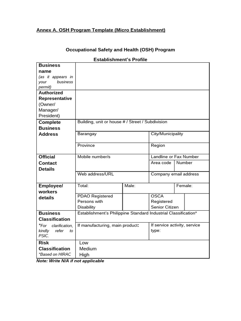 OSH Program Template for Micro Establishments | PDF | Occupational ...