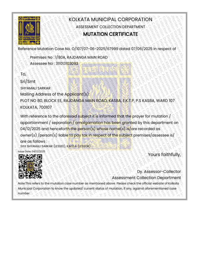 Kolkata Mutation Certificate Details | PDF