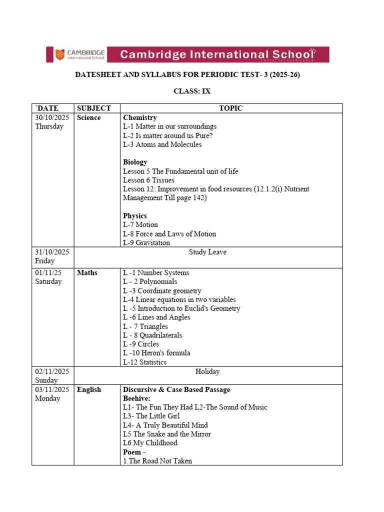 Class IX Periodic Test 3 Datesheet 2025-26 | PDF