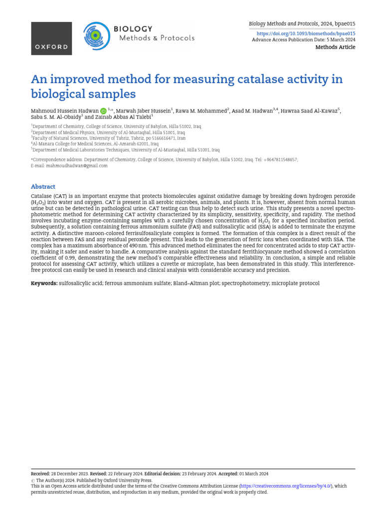 Improved Catalase Activity Measurement Method | PDF | Hydrogen Peroxide ...
