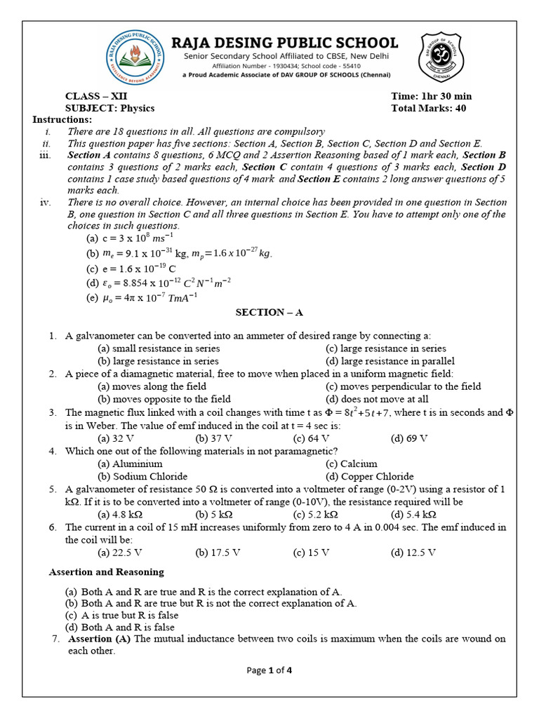 Class XII Physics Monthly Test 2025-26 | PDF | Magnetic Field ...