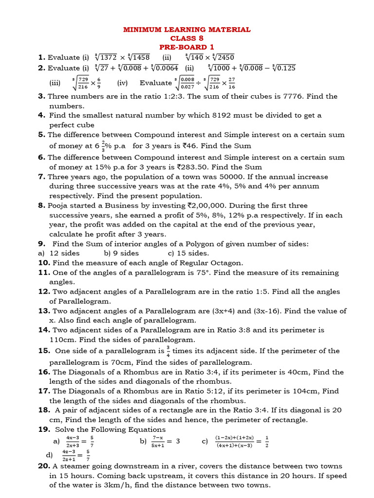 VIII Mathematics MINIMUM LEARNING MATERIAL Pre-Board 1 | PDF ...