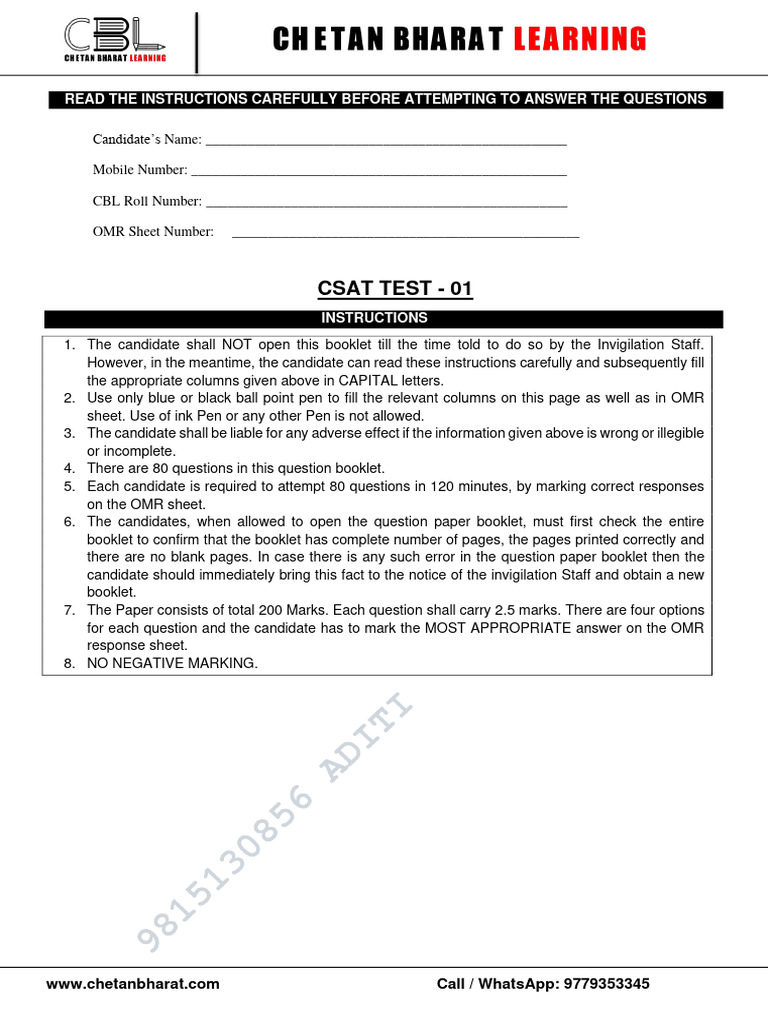CSAT Test Instructions and Questions | PDF | Emotions | Quantum Mechanics