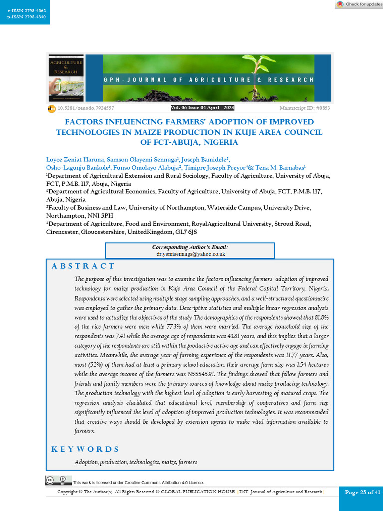 Factors Influencing Maize Technology Adoption | PDF | Agriculture | Maize