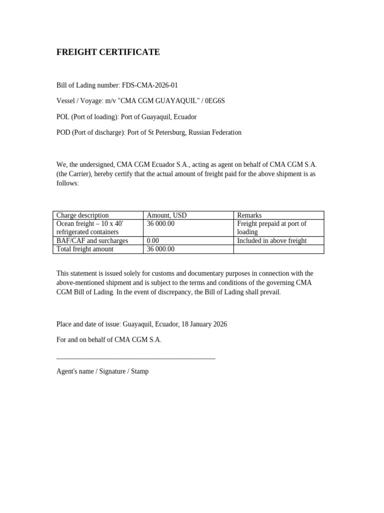 Freight Certificate for CMA CGM Shipment | PDF