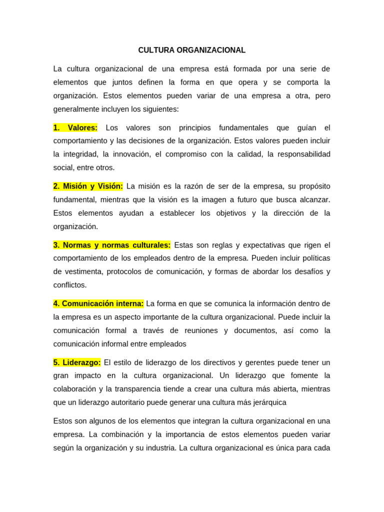 Elementos Clave de la Cultura Organizacional | PDF