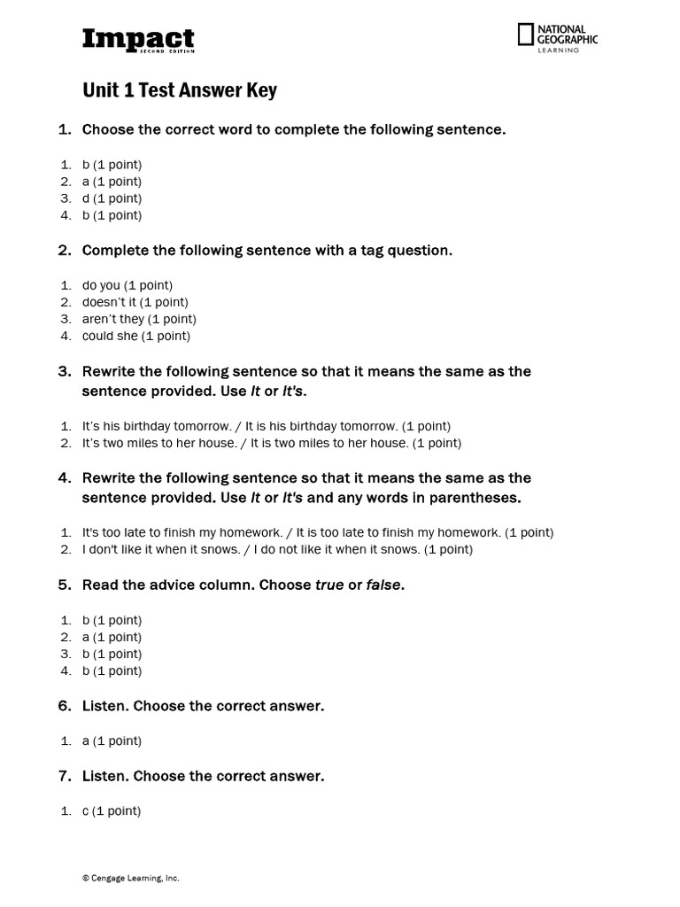 Unit 1 Test Answer Key Guide | PDF
