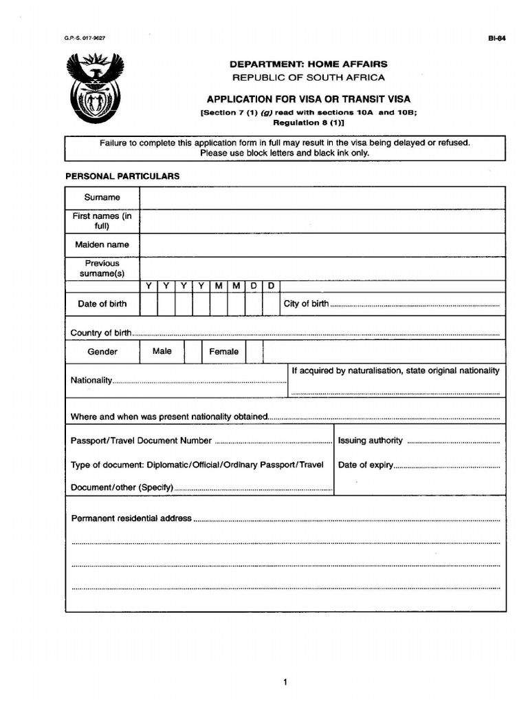 BI 84 Application For A Visa Form 4 Pages | PDF